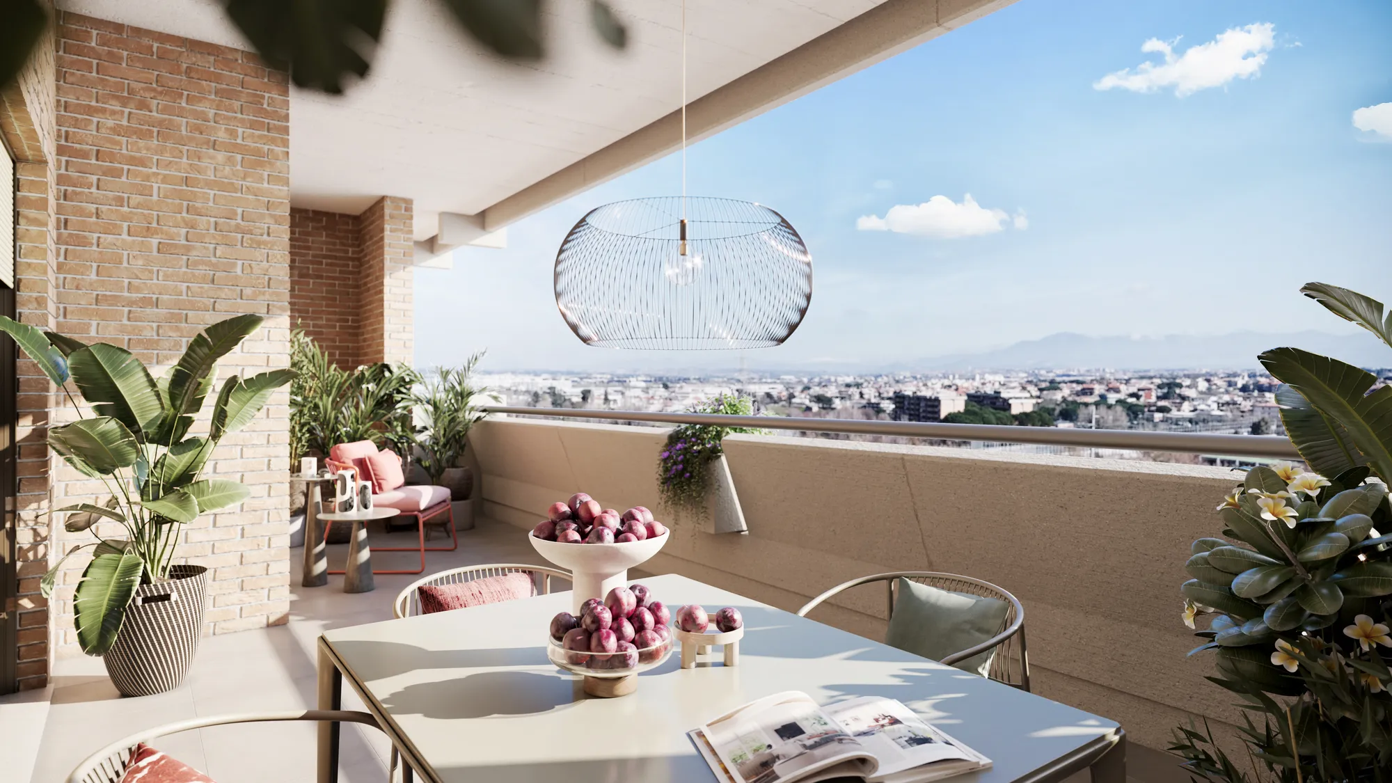 Il terrazzo di un appartamento di Dea Minerva con vista sulla città, render