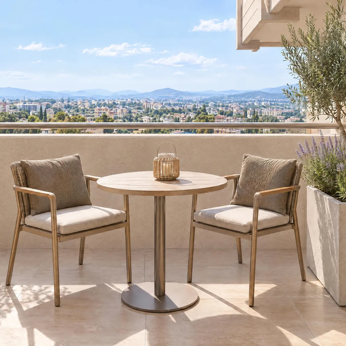 Il balcone di un appartamento con vista sulla città, render