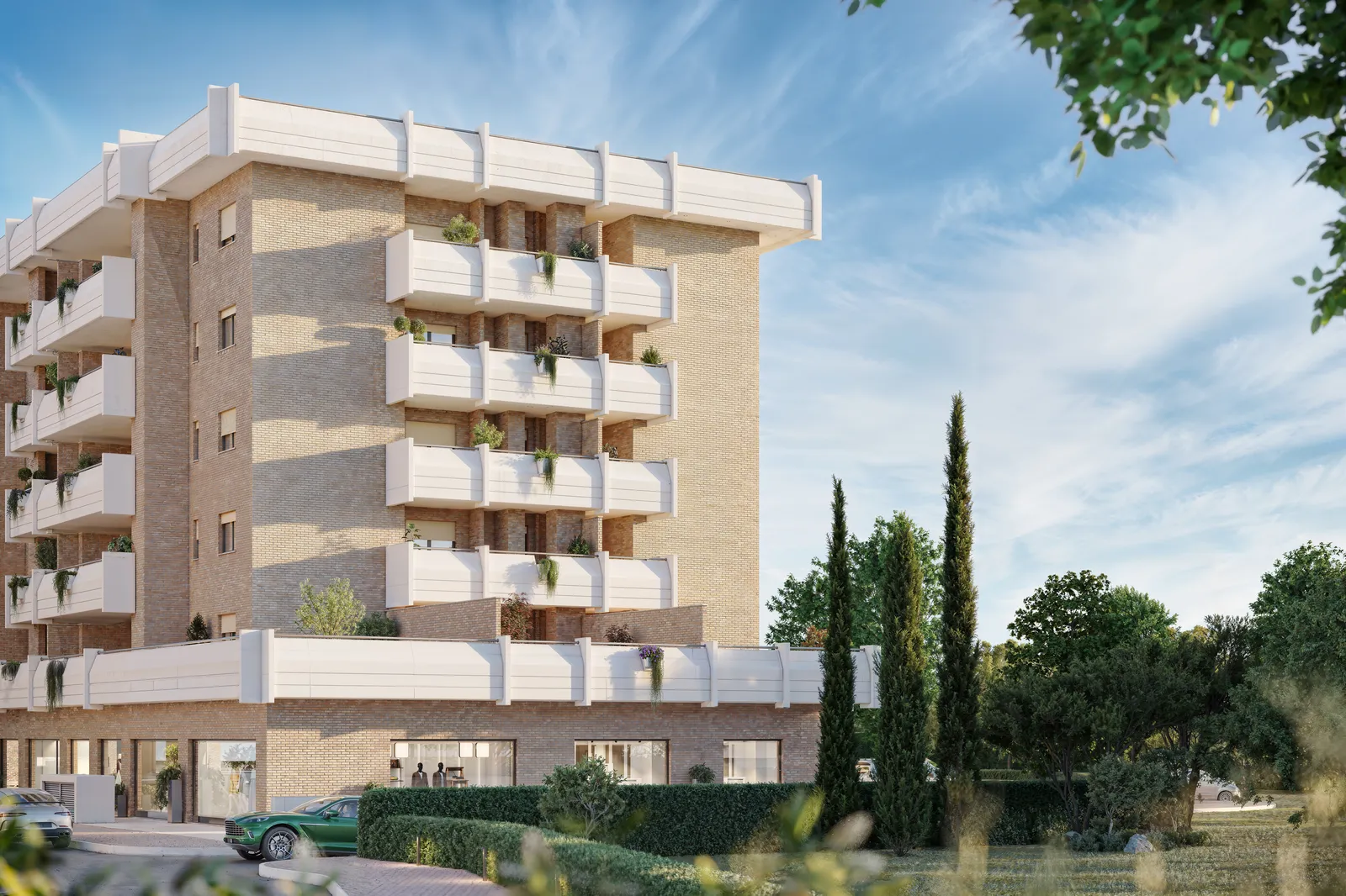 Il palazzo di Dea Minerva con i cipressi, render
